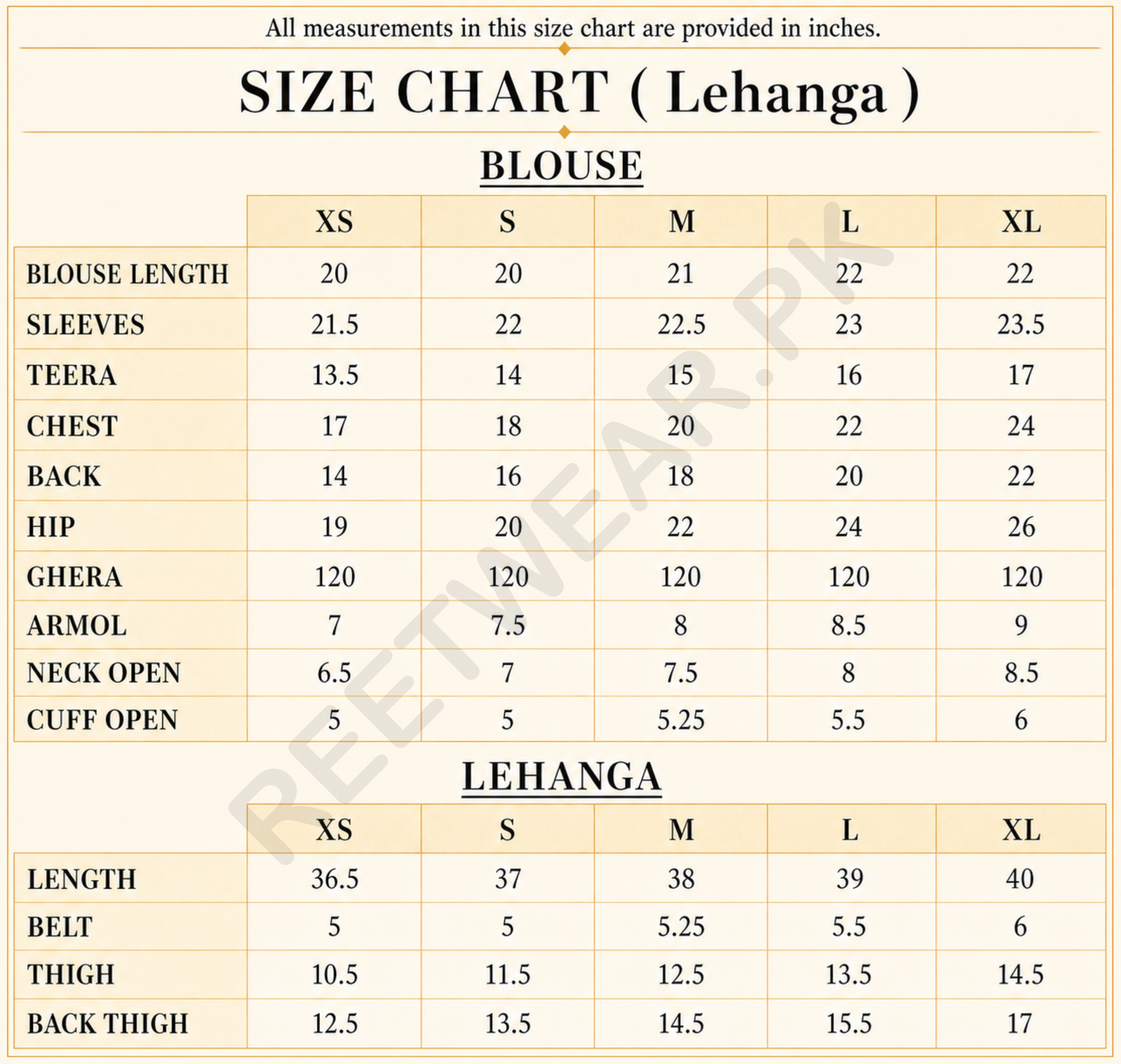 JAHANARA size chart