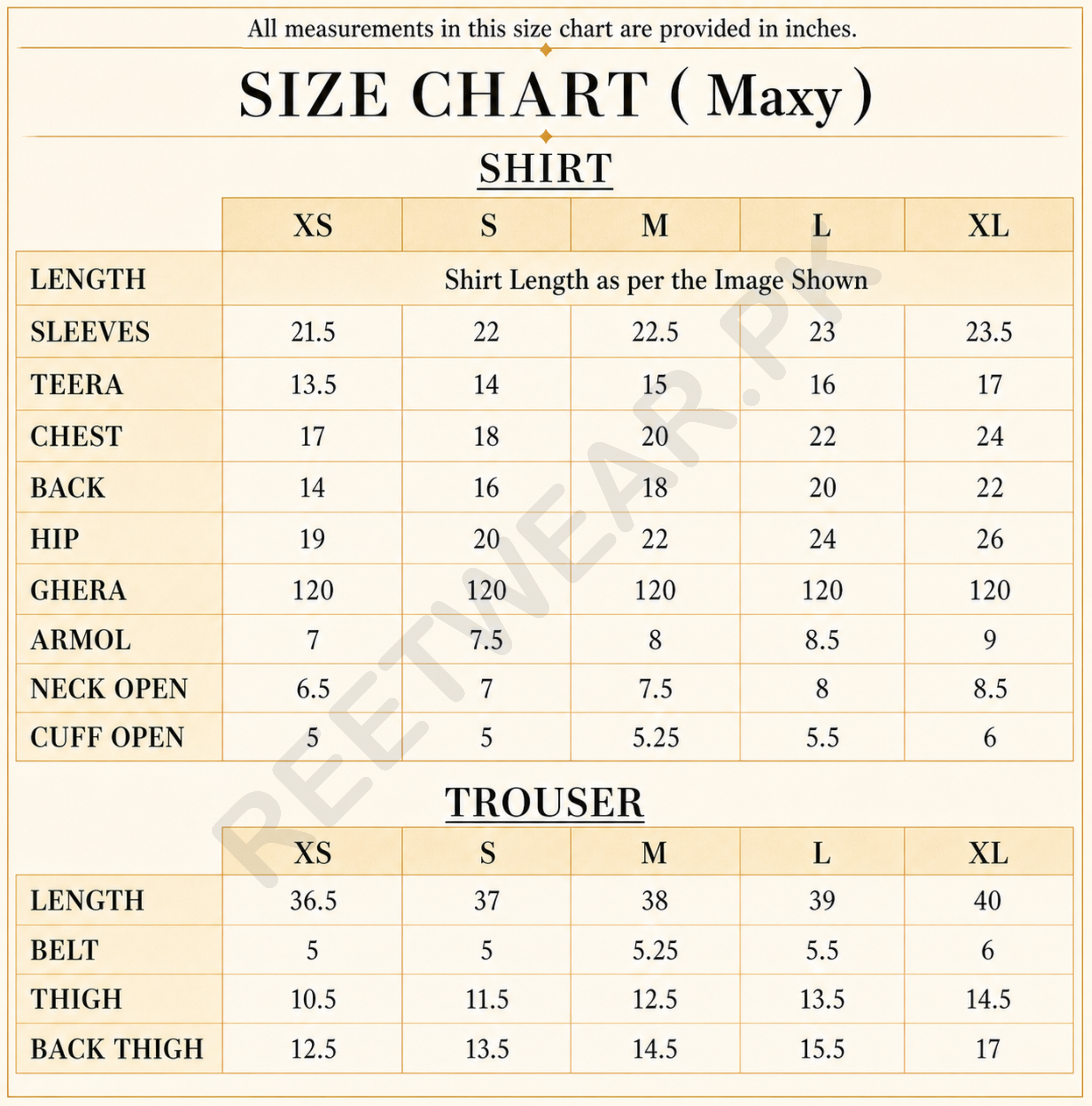 PEACOCK BLUE size chart