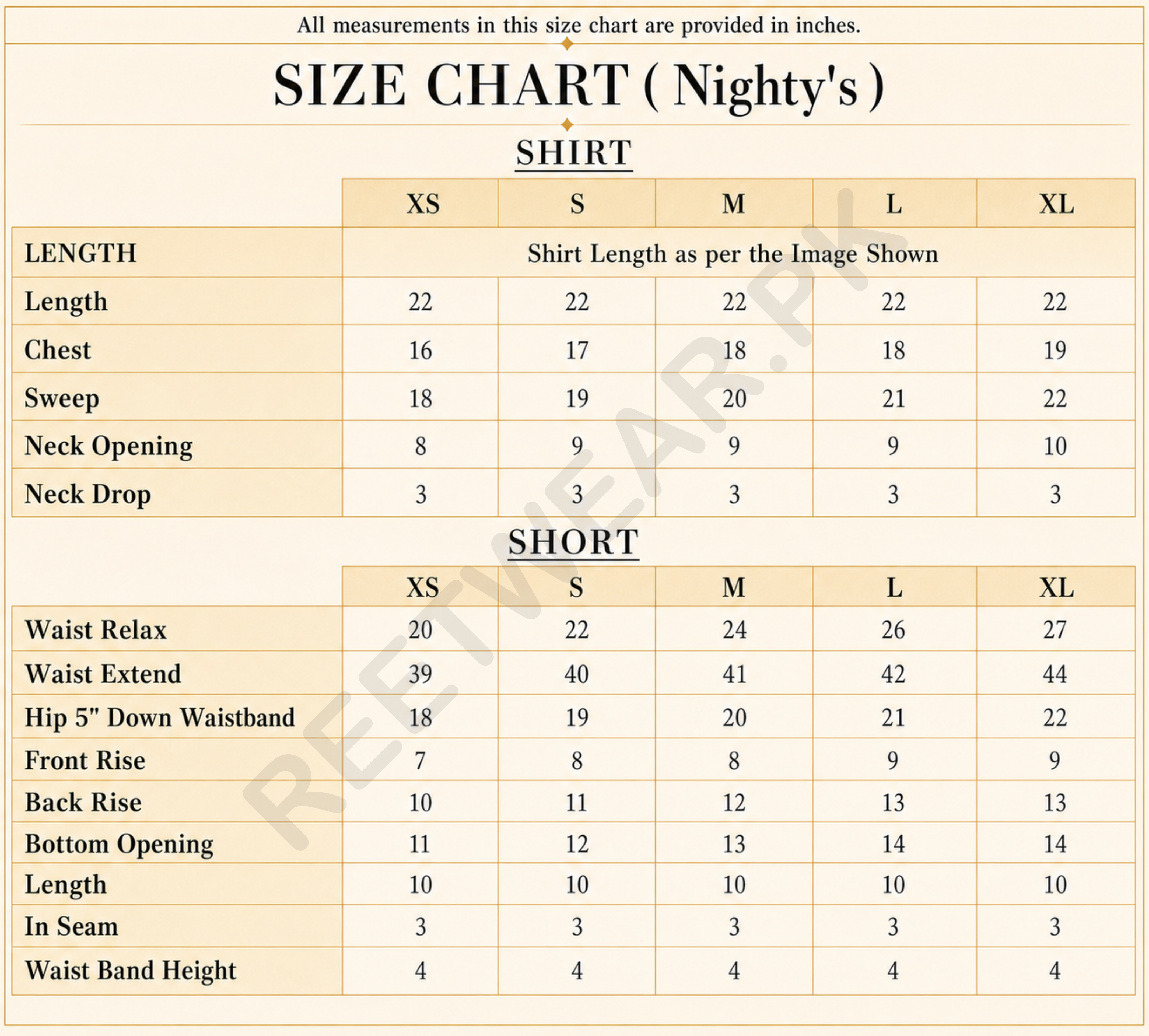 E-NIGHT 003 size chart