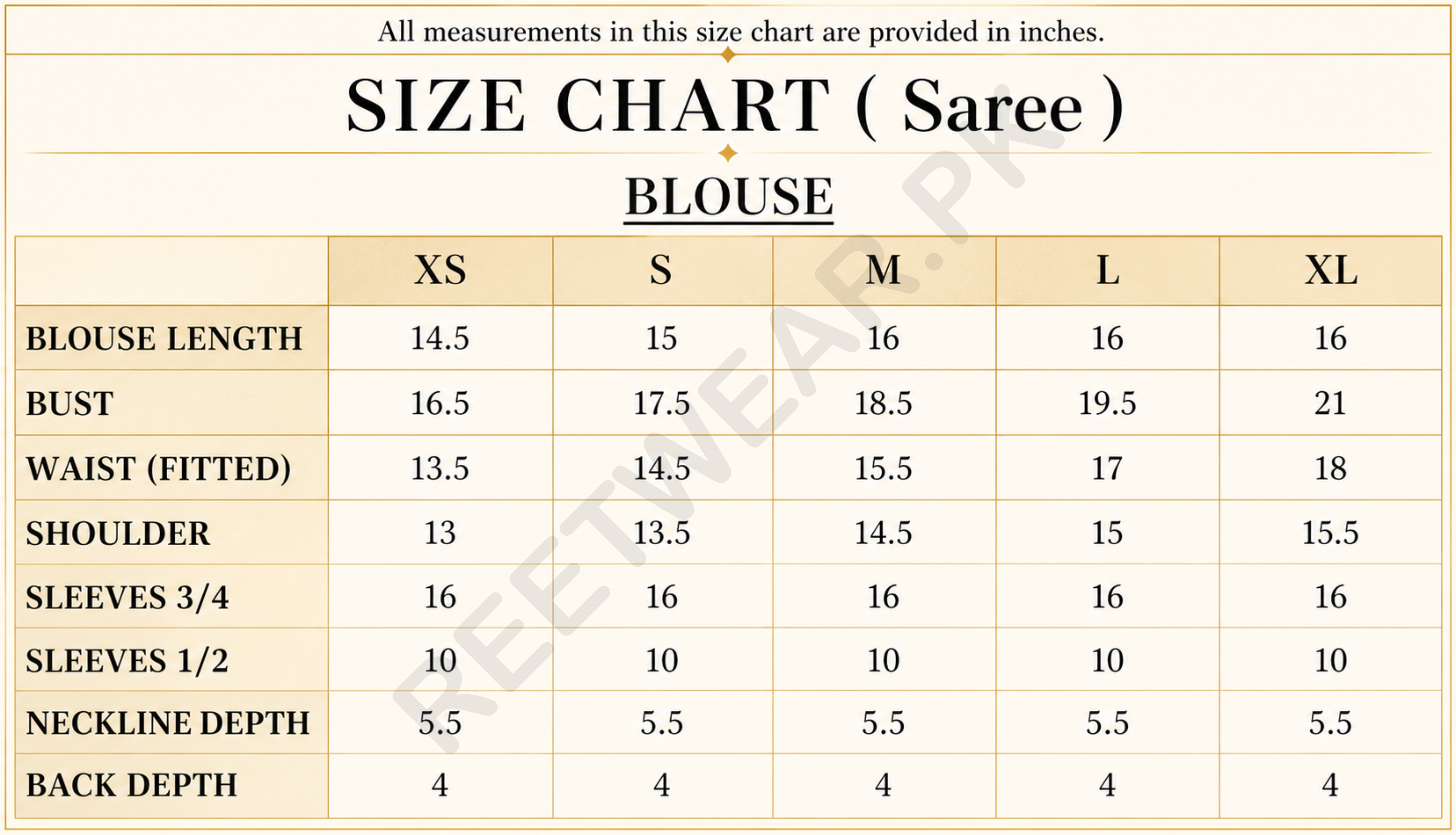 سیاہ size chart